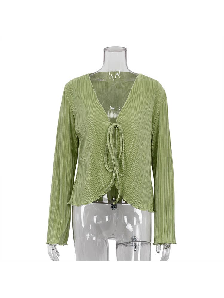 Camicia casual in pizzo con pieghe in tinta unita da donna