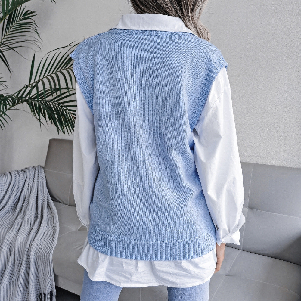 Gilet maglione da donna con scollo a V senza maniche in tinta unita Sweetkama