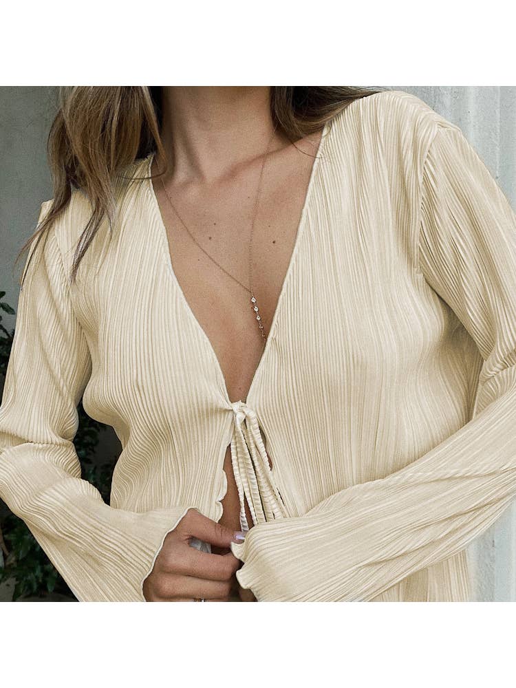 Camicia casual in pizzo con pieghe in tinta unita da donna