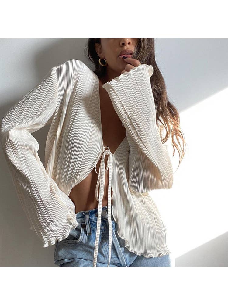 Camicia casual in pizzo con pieghe in tinta unita da donna