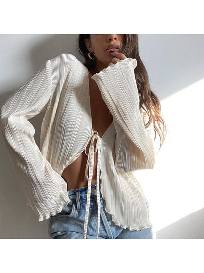 Camicia casual in pizzo con pieghe in tinta unita da donna