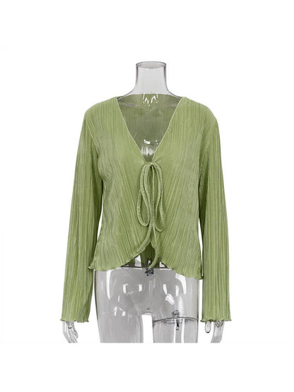Camicia casual in pizzo con pieghe in tinta unita da donna