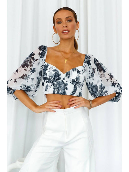 Top corto giornaliero con scollo a V da donna con stampa floreale 1551