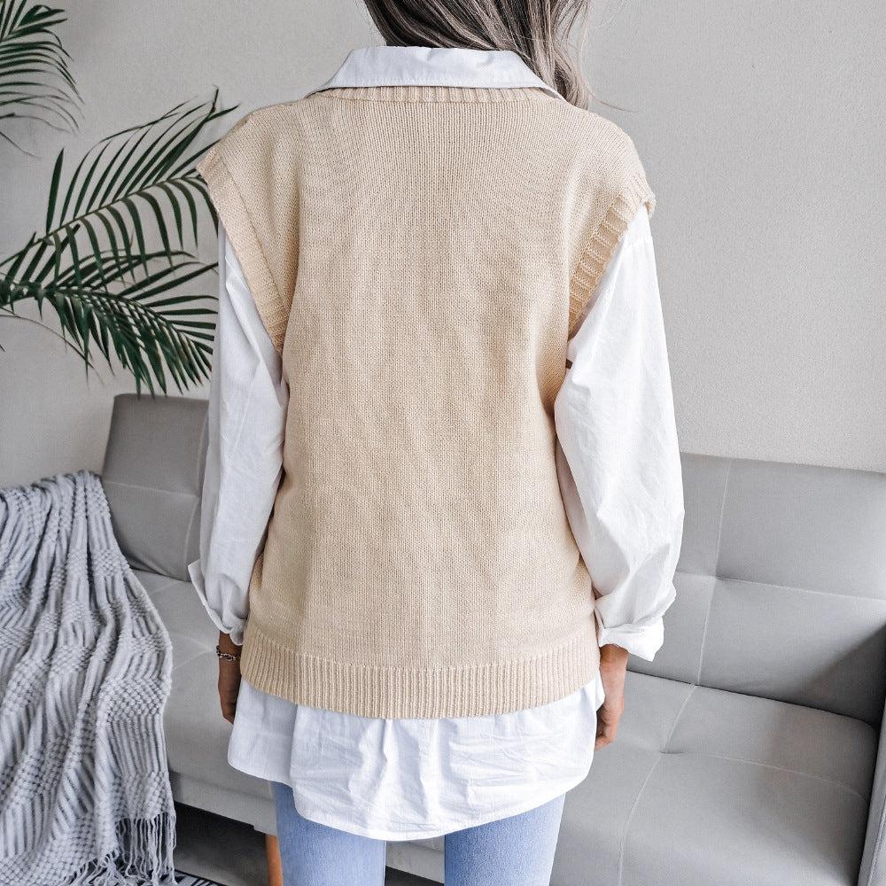 Gilet maglione da donna con scollo a V senza maniche in tinta unita Sweetkama