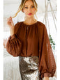 Camicetta in chiffon increspato con maniche a palloncino lunghe con paillettes