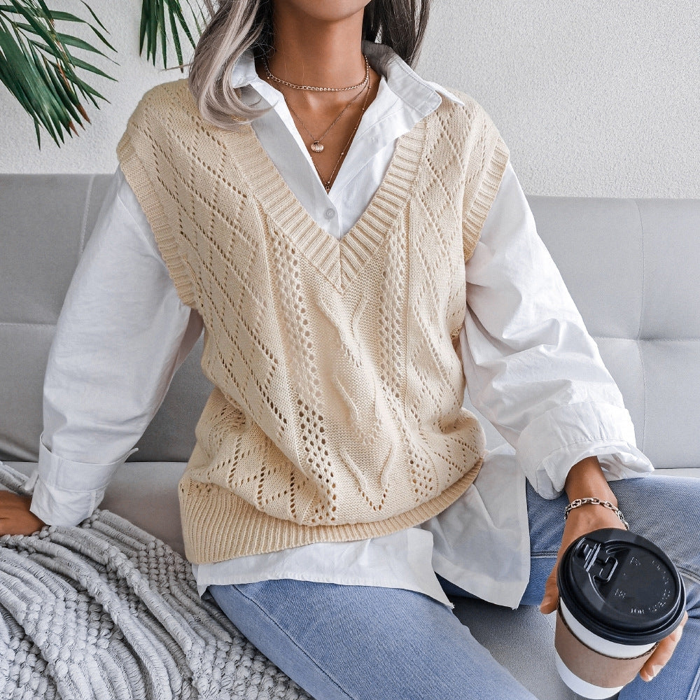 Gilet maglione da donna con scollo a V senza maniche in tinta unita Sweetkama
