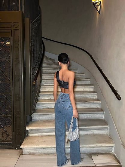 Jeans blu da donna con dettagli di pietre scintillanti fatti a mano