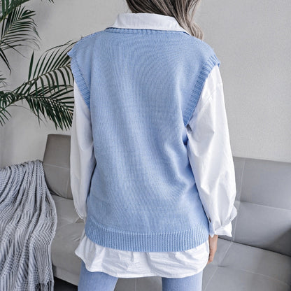 Gilet maglione da donna con scollo a V senza maniche in tinta unita Sweetkama