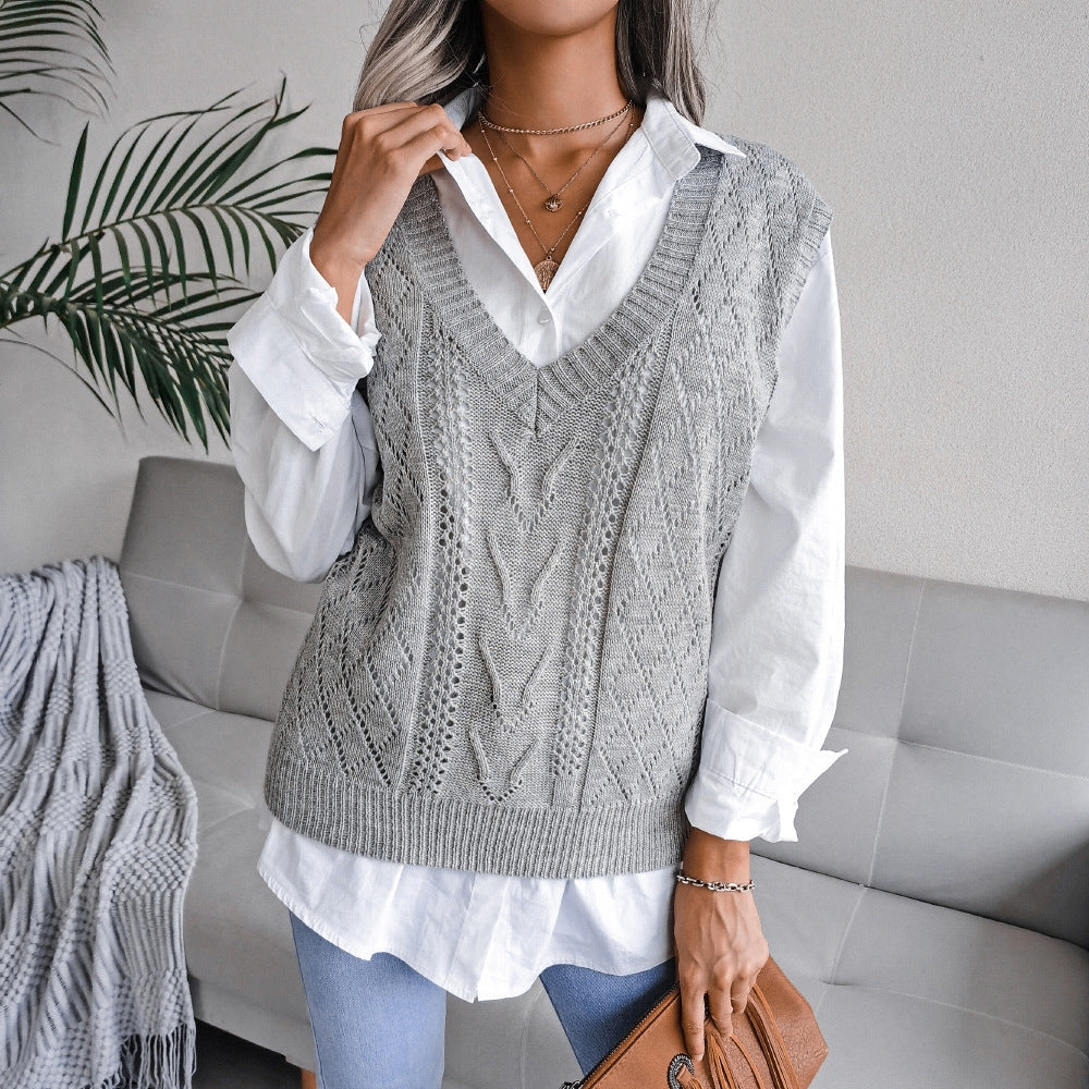 Gilet maglione da donna con scollo a V senza maniche in tinta unita Sweetkama