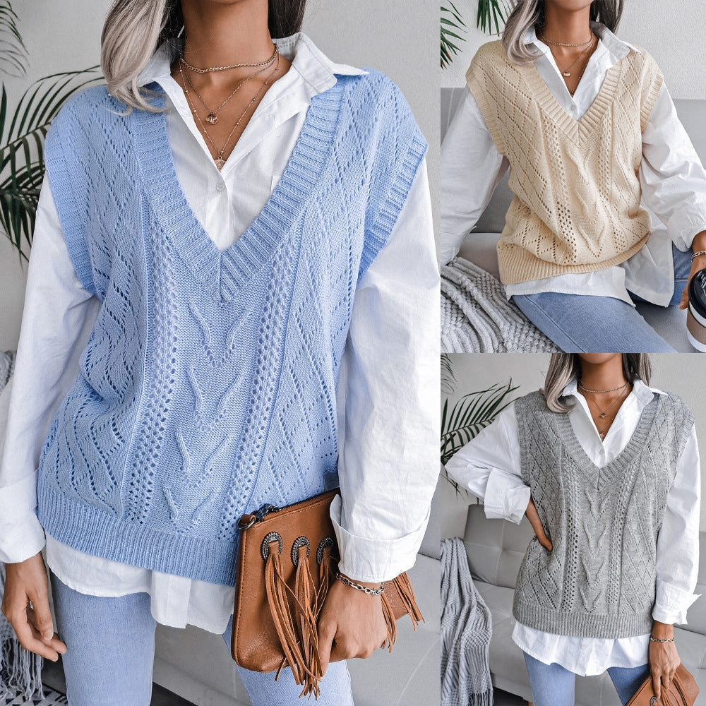 Gilet maglione da donna con scollo a V senza maniche in tinta unita Sweetkama