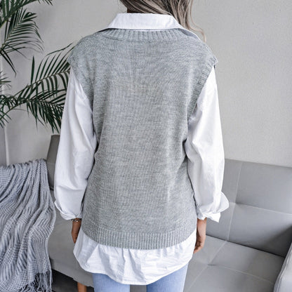 Gilet maglione da donna con scollo a V senza maniche in tinta unita Sweetkama