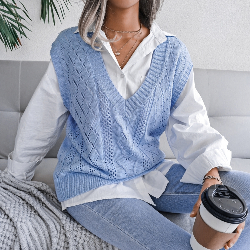 Gilet maglione da donna con scollo a V senza maniche in tinta unita Sweetkama